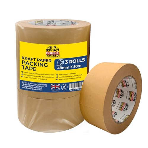 Double Dragon Heavy Duty Brown Kraft Tape 50m Long 48mm Wide (3 Rolls) | Writable Self-Adhesive Recyclable Tape for Packing Shipping Sealing Boxes Moving & Wrapping | Eco-Friendly & Biodegradable