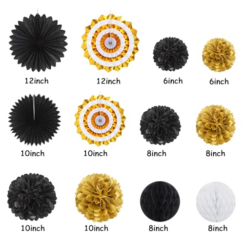 Image of Black Gold Party-Decoration Graduation Banner - 14pcs Kits Cap Garland Streamers, Paper Tissue Pom Poms Flowers Fans Honeycomb,Class Of 2026 College High School Grad Decor Hugfond