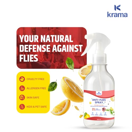 Image of Krama Natural Fly (Insect) Repellent Spray 300ml (Vegan /No-Killling) Bees,Fruit Flies,Drain Flies, House Flies Insect Repellent for Home, Kitchen & Outdoor - Neem, Eucalyptus &Citrus: Kids & Pet Safe