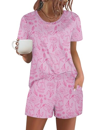 Image of Ekouaer Women's Pajama Sets Short Sleeve Pjs 2 Piece Top and Shorts Sleepwear Comfy Soft Lounge Sets with Pockets