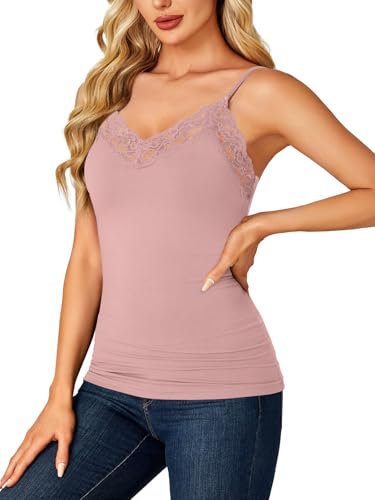 Image of LYANER Women's Lace Trim V Neck Camisole Adjustable Strap Undershirt Tank Stretch Fitted Cami Top