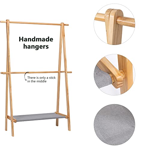 Clikuutory Kids Garment Rack For Hanging Clothes, Baby Freestanding Clothing Rack With Storage Shelf & Hanging Rod, Stable Triangular Frame, 100% Natural Pine Wood, Dress Up Rack（16"D X 40"W X 60"H） #TOP2