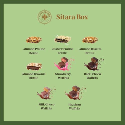 Image of Cacao Springs Sitara Diwali Gift Box - Assorted Chocolates Combo Pack - Brittle with Mixed Nuts (Almond, Pistachio, Cashew Nuts) & Strawberry Waffrils - Premium Chocolate Box For Gift - Pack of 5