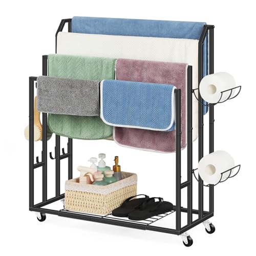 Freestanding Towel Rack Stand Black Towel Drying and Display Rack with Wheels, Indoor Outdoor 4 Tier Blanket Ladder Holder with Shelves, 6 Metal Hooks for Bathroom, Pool, Living Room