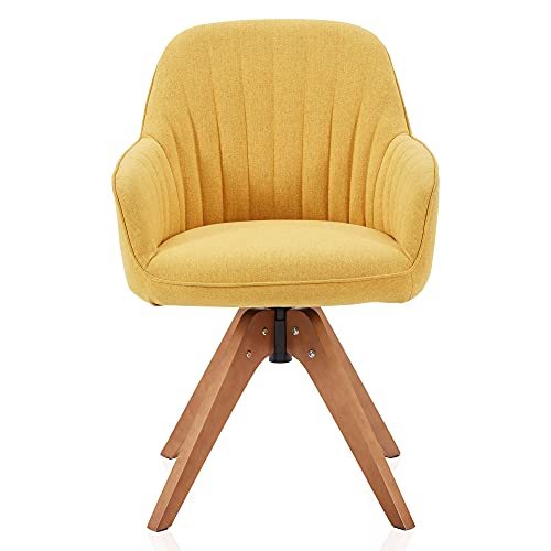 Belleze Mid Century Swivel Chair, Modern Makeup Vanity Chair, Upholstered Linen Accent Armchair With Dark Oak Wood Legs For Home Office Study Living Room Bedroom, Yellow #TOP4