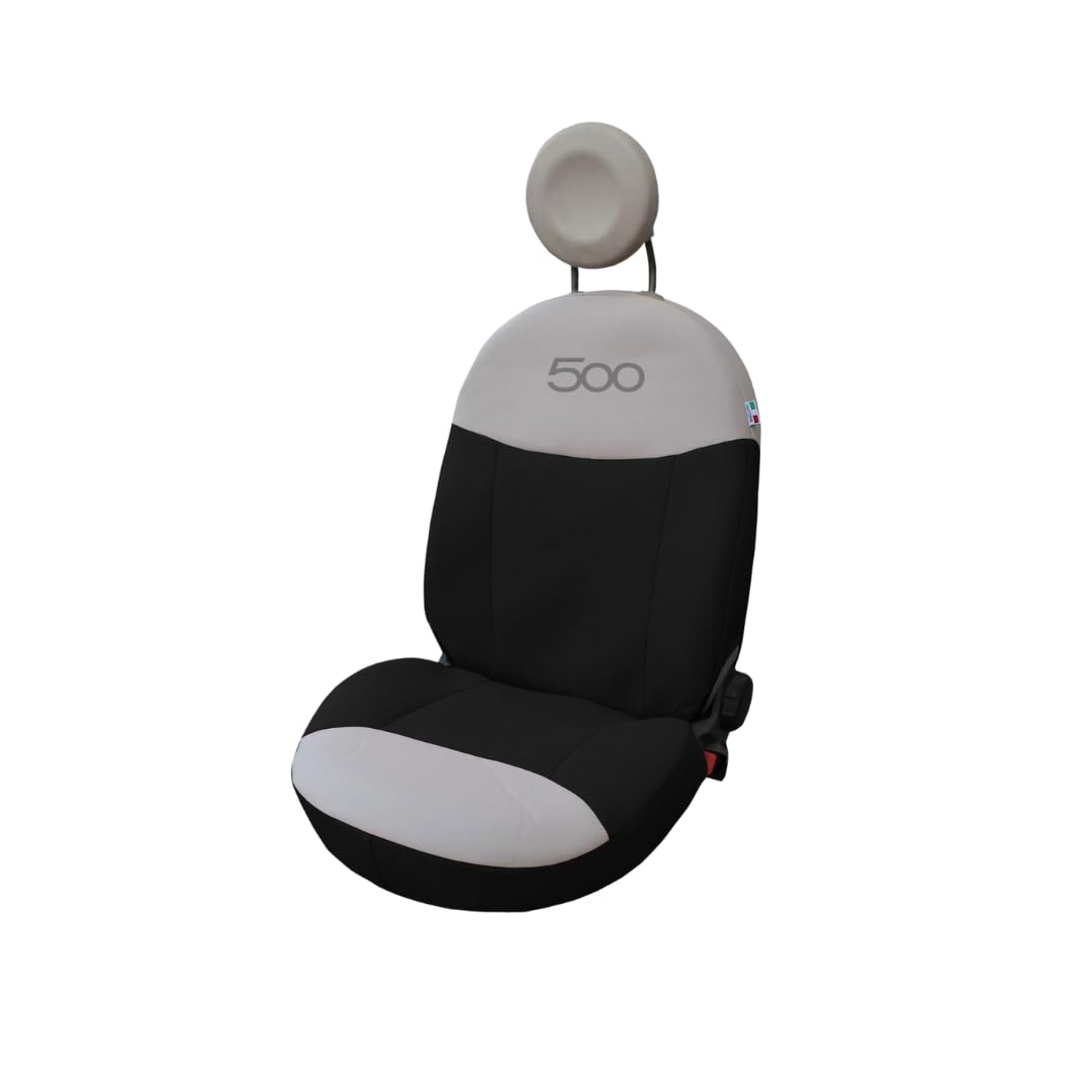 Italfodere - Coppia di Coprisedili Auto anteriori - Compatibili con Fiat 500 dal 2007 in poi - Fatti a Mano - Cotone - Gommapiuma e Poliestere - Accessori Auto Interno - Made in Italy - Nero/Panna