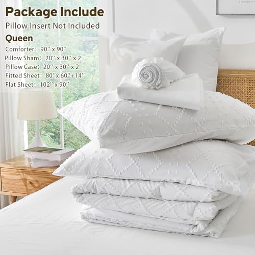 Image of Nesker Queen Comforter Set - 7 Pcs Whilt Comforters Tufted Boho Bedding Sets, Soft Cozy Chic Bed in a Bag, Vintage Shabby Bed Set All Season with Comforter, Fitted Sheet, Flat Sheet & Pillowcases