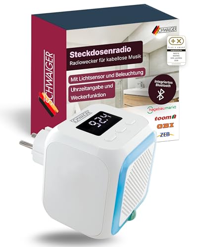 SCHWAIGER Steckdosenradio I Radiowecker für kabellose Musik I mit Lichtsensor & Beleuchtung I UKW-Radio mit Bluetooth 5.2 I Uhrzeitangabe & Weckerfunktion I für Badezimmer, Küche & Schlafzimmer