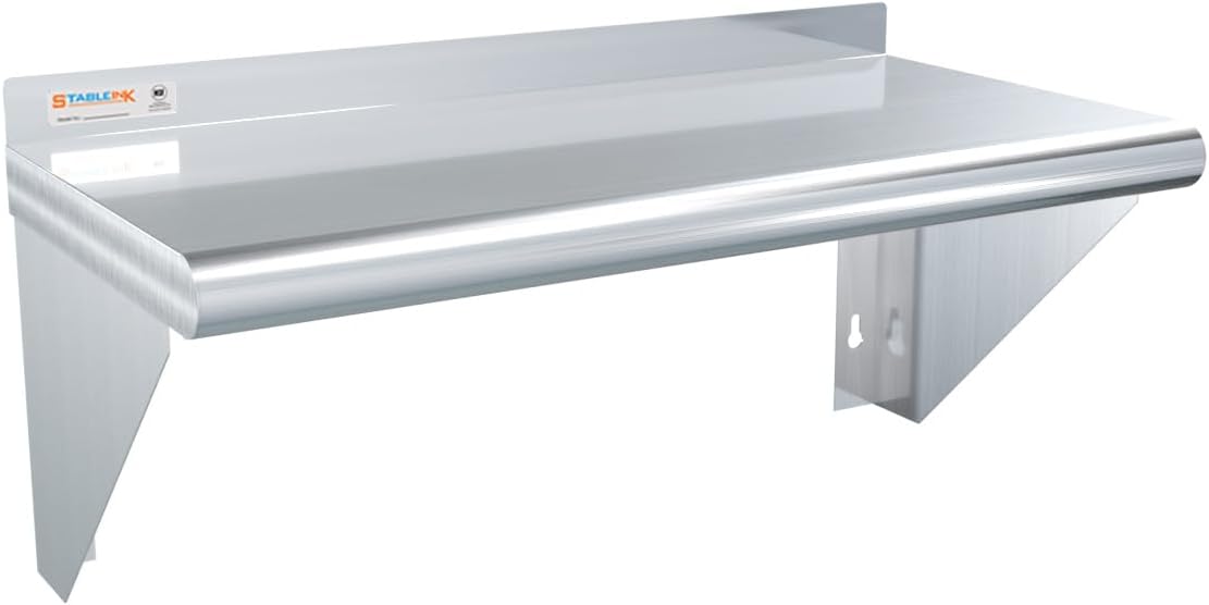 STABLEINK Stainless Steel Shelf 12x24 Inches, Heavy Duty Commercial Shelves with 2 Brackets Wall Mount Metal Shelving for Restaurant,Kitchen,Laundry Room,Garage,Home