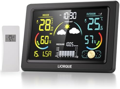 LIORQUE Wetterstation Funk mit Außensensor, Thermometer und Hygrometer | DCF Funkuhr, Großes Farbdisplay, Luftfeuchtigkeit innen außen, Wettervorhersage, Mondphase, 1 Außensensor,