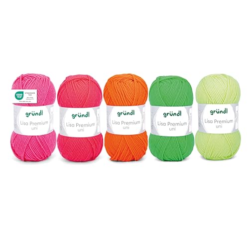 Gründl Wolle Lisa Premium uni - Garn zum Stricken - Strickgarn - Häkelgarn - Weich und hautfreundlich - 100% Polyacryl 5 Knäuel 50 g / 133 m - Nadelstärke 3,5-4,5 - Neon-Pink-Orange-Gelb-Grün