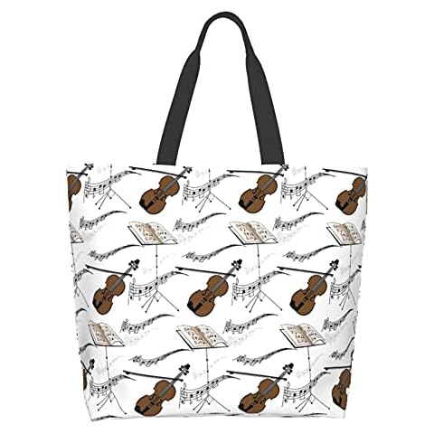AuHomea Violin With Music Notes Canvas Tote Bag Big Capacity Women Casual Shoulder Bag Reusable Shopping Grocery Bags Handbag For Travel Cover
