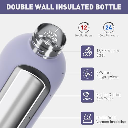 Exllena Small Water Bottle 12oz with Clip, Double Wall Stainless Steel Vacuum Small Insulated Water Bottle Keeps Drinks Cold 24 Hrs/Hot 12 Hrs for Kids Handbag School BPA Free (Purple)