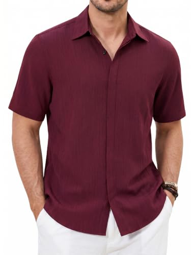 Image of Enlision Mens Shirts Short Sleeve Smart Casual Burgundy Summer Shirt L