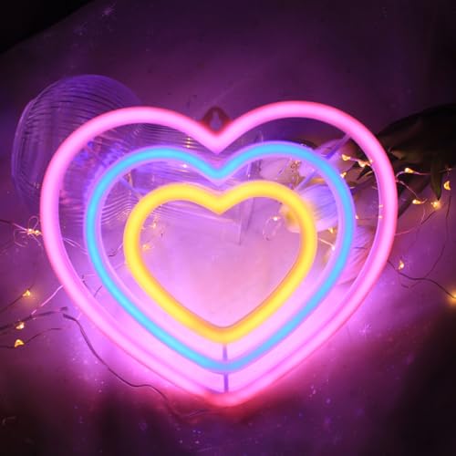 Image of Three-colour Heart Neon Signs for Wall Decor Colourful Led Neon Signs for Bedroom Wall Neon Lights for Home Party Wedding Bachelorette Parties Marriage Proposals Birthday Parties Christmas Decorations