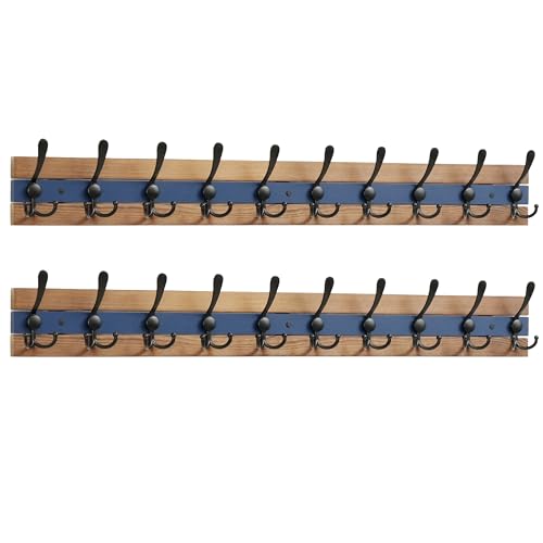 Image of SKOLOO Rustic Coat Rack Wall Mount- 38-1 /8 inch Long Coat Hooks for Wall with 10 Triple Hooks for Hanging Coats, Hats or Tools, Western National Parks Collection, Wood Brown & Blue, Pack of 2