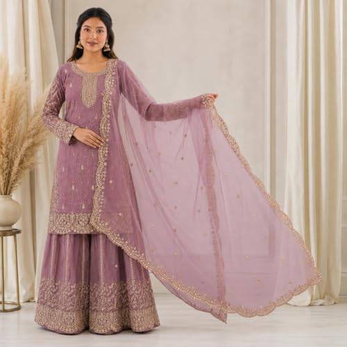 Image of Women's Ethnic Plazzo Suit Set with Kurta & Dupatta | Fendy Fabric Embroidered Kurta Set | Round Neck 3 /4 Sleeve Dress | Elegant Outfit