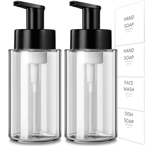 GMISUN Dispensador de jabón espumoso, dispensador de jabón de manos espumoso de 300 ml, paquete de 2 dispensadores de espuma de vidrio para baño y cocina, dispensador transparente recargable con