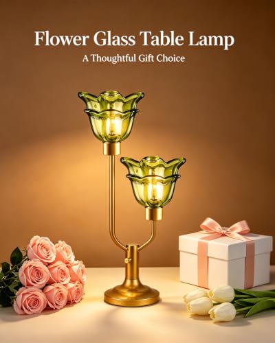 Image of Lightdot Green Glass Flower Table Lamp 2 Bulbs Included Dimmable Vintage | Nightstand Lamp Mid Century Modern Gold Desk Lamp Warmwhite Ambient Bedside Lamp for Living Room Bedroom Home Decor Gift