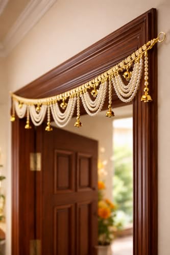 Premium Pearl Beaded Door Toran with Golden Bells | 3 Feet Traditional Bandhanwar for Main Door, Mandir & Wedding Decoration | Elegant Hanging for Diwali & Griha Pravesh
