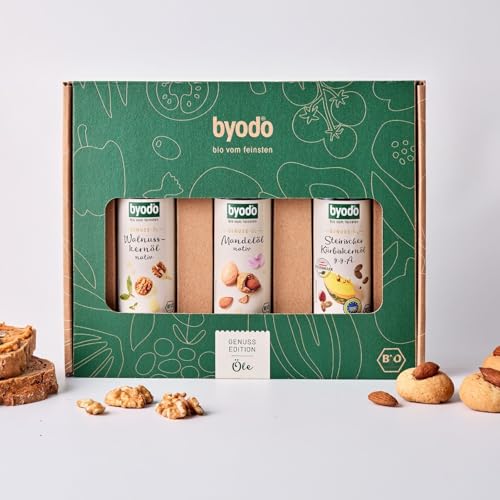 Bio Genuss-Öle Geschenkset von Byodo – Walnussöl, Mandelöl & steirisches Kürbiskernöl, 100% Bio-Zutaten, Kaltgepresst & aromatisch, Feinkost-Geschenkbox für Genießer & besondere Anlässe
