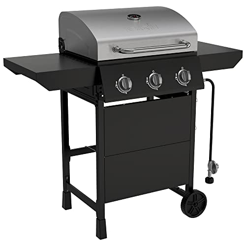 Nexgrill Premium 3 Burner Propane Barbecue Gas Grill, Side Table Open Chart With Wheels, Outdoor Cooking, Patio, Garden Barbecue Grill, 27000 Btus, Black And Silver #TOP2