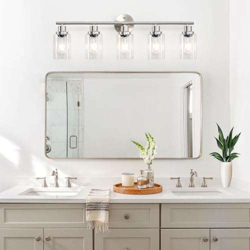 Image of 5-Light Bathroom Vanity Lights, E26 Modern Brushed Nickel Bathroom Light Fixtures with Clear Glass Shade, Mirror Kitchen Hallway Cabinet Living Room Sconces Wall Lights