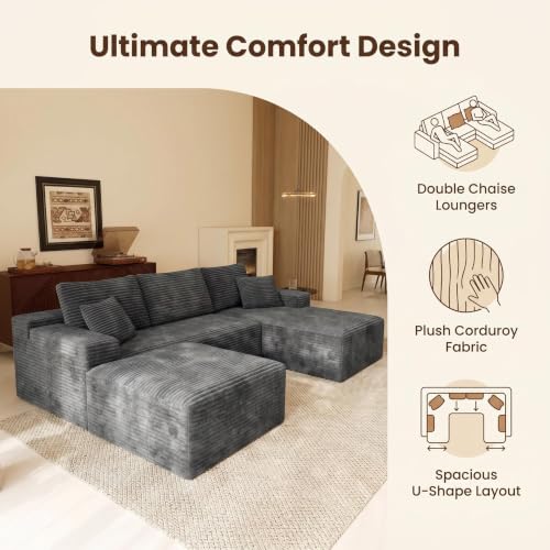 Image of Modular Cloud Sectional Sofa, Oversized Corduroy Boneless Couch | Luxury Comfort, Deep Seat, Couches for Living Room and Apartment, No Assembly Required
