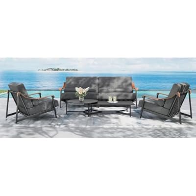 PHI VILLA 5 Pieces Patio Furniture Set for 5, Deep&Wide Seat with Extra Thick Cushions(6.3") Modern Metal Outdoor Conversation Set Includes 2xCoffee Table, 2xSofa Chair & 1x3 Seat Sofa(Grey)