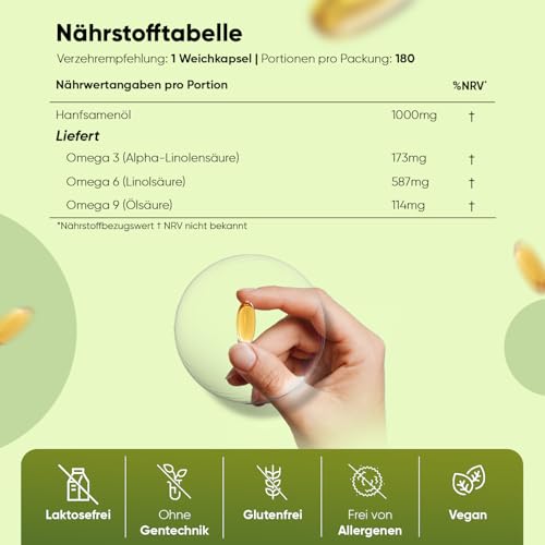 Hanfsamenöl Vegan Softgels - Reich an Omega 3, 6 & 9-180 Weichkapseln - 1000mg Hanföl - 6 Monate Vorrat - Hemp Seed Oil von WeightWorld