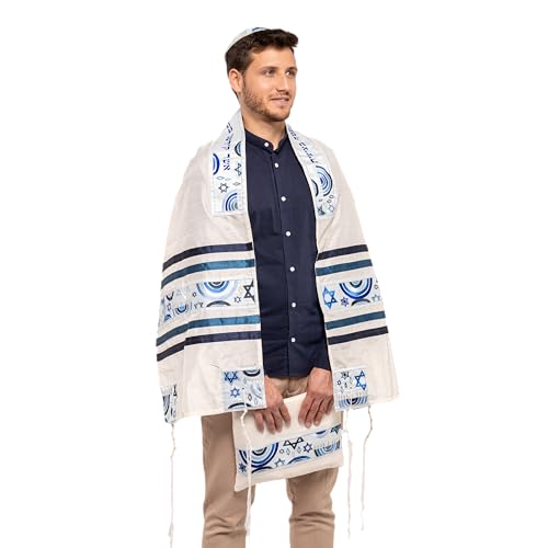 Yair Emanuel Tallit Prayer Shawl Gadol + Bag + Kippah + Atara Set Embroidered RAW SILKDAVID Star Rainbow Blue (Bundle)