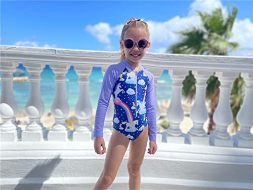 Uideazone Girls Purple Rash Guard Swimsuit Unicorn Print Long Sleeve Upf 50+ Sun Protection One Piece Bathing Suit With Zipper #TOP2