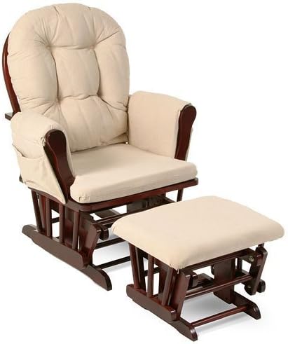 Beige Bowback Nursery Baby Glider Rocker Chair with Ottoman, Beige Cushions - Cherry Finish - Padded Arms - Baby Rocker Nursery Furniture - These Wooden Baby Rocking Chairs Are Built with Exceptional Quality!!