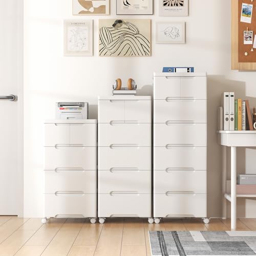 COSTWAY Chest of Drawers, 5/6/7-Drawer Dresser Storage Cabinet with Wheels, Modern Tall Freestanding Chest Cupboard Drawers Organiser Unit for Bedroom, Living Room, Closet and Hallway (White, 5-Tier) - Image 8