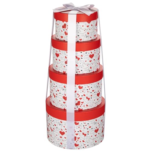 Luxury Round Nested Gift Boxes with Lids (Set of 4) – Reusable Sturdy Cardboard Gift Box Set for Birthdays, Weddings, Anniversaries, Christmas, and Valentine’s Day – Red & White