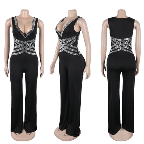 Image of Jigfar Women Sexy Embellished Rhinestone Bodycon Jumpsuit Mesh See Through Patchwork Birthday Party Night Out Clubwear