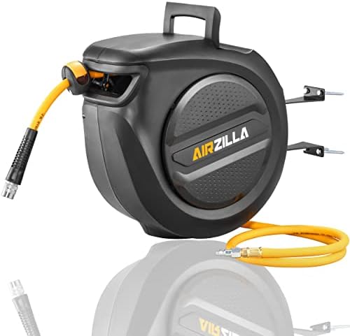 AIRZILLA Retractable Air hose reel 3/8" Inch x 50 ft Flex Hybrid Air Hose, Air compressor Hose Reel with 6 ft Lead in, Quick Connect, Mounted 180° Swivel, 300PSI