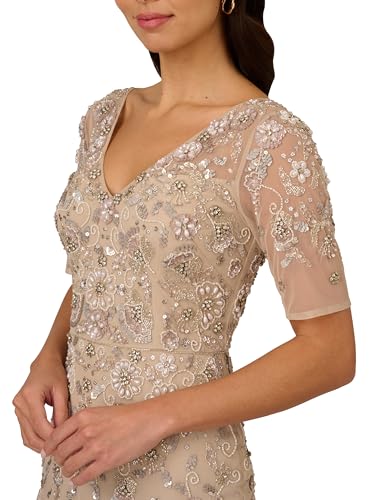 Adrianna Papell Women's Beaded Mesh Long Dress, Biscotti, 6 - Thumbnail 5