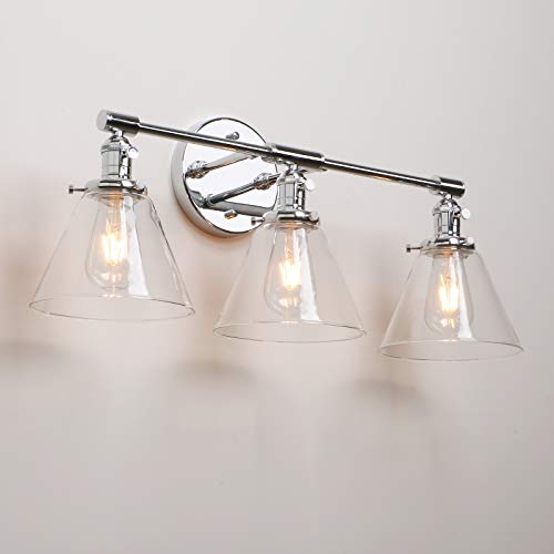 Image of Vintage Industrial Antique Three-Light Wall Sconces with Funnel Flared Clear Glass Shade (Chrome)