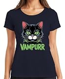 VAMPURR Halloween Gato Negro Gato Vampiro Ojos Verdes Noche Camiseta Mujer, azul marino, L