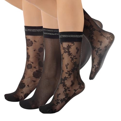 CALZITALY 3 Paires Socquettes Voile Femme, Lurex Brillantes, Résille | Noir | Taille Unique | Made in Italy (Taille Unique, 3 Paires Motif Floral)
