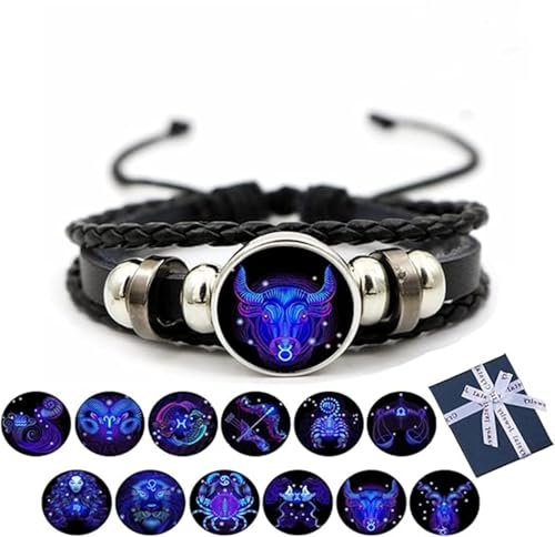 Eunmsi Pulsera de signos del zodiaco espiritual, pulsera de manifestación, multicapa ajustable de doce constelaciones, pulseras de cuero del zodiaco, Cuero sintético