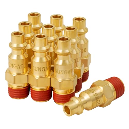 SUNGATOR 1-4 Inch Male Air Plugs, 10-Pack Brass NPT Industrial Air Hose Fittings with 1-4 Flow Hole, Quick Connect Gas Line Fittings with Pre-Coated Sealant, M-Style Plugs Kit