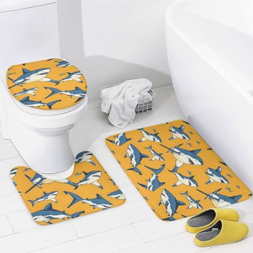 Cortina de ducha moderna de tiburón azul y juego de 4 piezas de baño con ganchos y alfombra en U 5