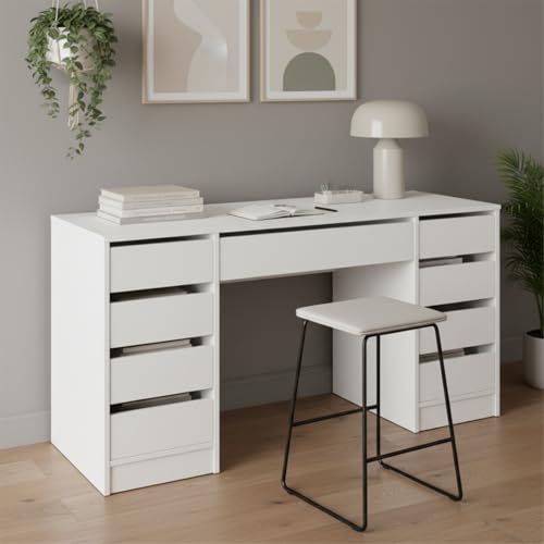 Bellamio Nore Schreibtisch in Weiß mit 9 Schubladen - Jugendschreibtisch 75x53x145 cm - Schminktisch & Schreibtisch Kombi - Computertisch mit beidseitigen Schubladen – Bürotisch mit Stauraum
