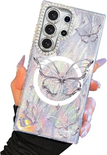 I-MGAE-IN-AR Compact Case for Samsung Galaxy S26 Ultra Butterfly Design,Magnetic Protective Diamond Camera Lens Protection Frame,Cute Soft Shockproof Phone Cases Cover for Women Silver Aesthetic