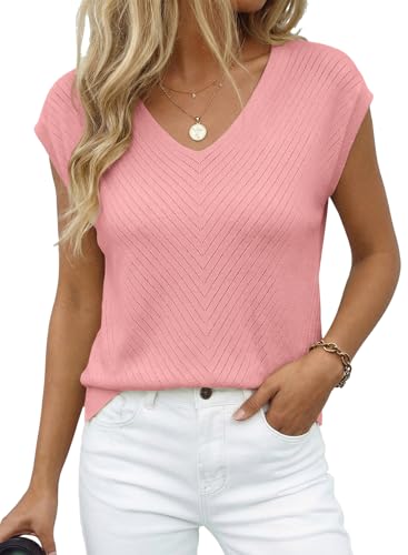 Image of Dokotoo Sweaters for Women 2026 Summer Eyelet Cap Sleeve Knitted Vest V Neck Business Casual Loose Pullover Tank Tops