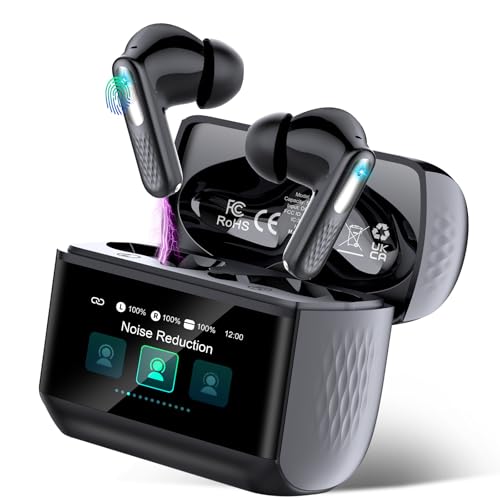 ZYHKON Auriculares Inalámbricos con Pantalla Táctil LED, 2026 Auriculares Bluetooth 5.4 HiFi Estéreo con HD Mic, 48H Cascos Inalambrico con Reducción de Ruido ANC+ENC, 5 Modos EQ, Negro Claro