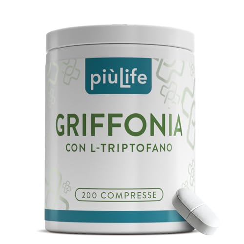 Griffonia Triptofano Alto Dosaggio PiùLife, 200 Compresse Da 400mg, 80mg L-triptofano Precursore della Serotonina, Sonnifero Potente Naturale Dormire Meglio, Integratore Buon Umore, Ansia E Stress