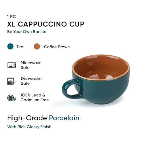 Image of Shay Large Ceramic Coffee Cup, 1pc, Teal Green, 320ml | Cappuccino Cup | Glossy Finish | Premium Porcelain Coffee Mug | Microwave Safe (XL Cuppa 1pc - Teal Green)